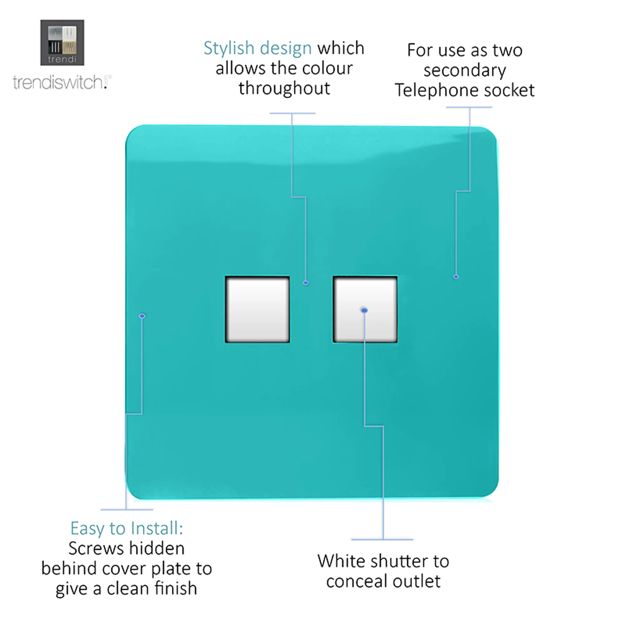 Twin PC Ethernet Cat 5/6 Data Outlet Bright Teal ART-2PCBT  Trendi Bright Teal